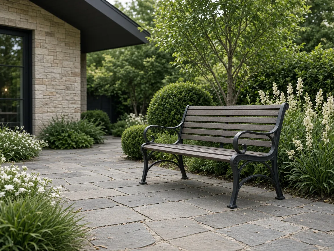 Metal garden bench on a landscaped path — illustrative imagery