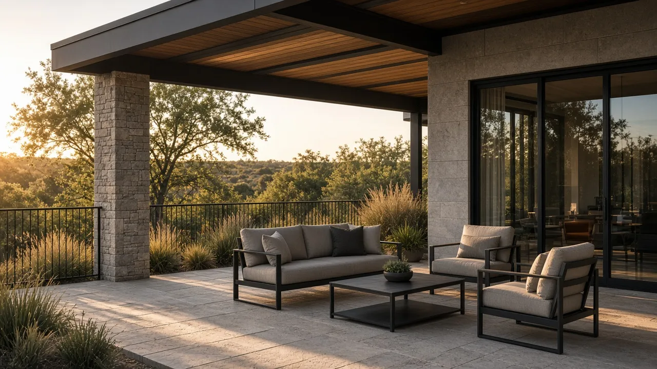 Residential terrace with an architectural metal railing — illustrative imagery